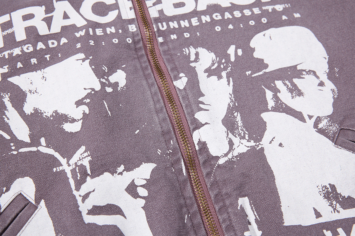 Traceback Graphic Washed Canvas Bomber Jacket with Corduroy Collar