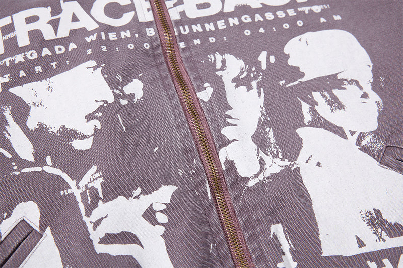 Traceback Graphic Washed Canvas Bomber Jacket with Corduroy Collar
