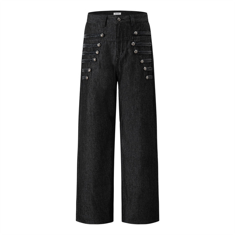 Men's Black Wide-Leg Jeans with Double-Breasted Buttons & Braided Detail