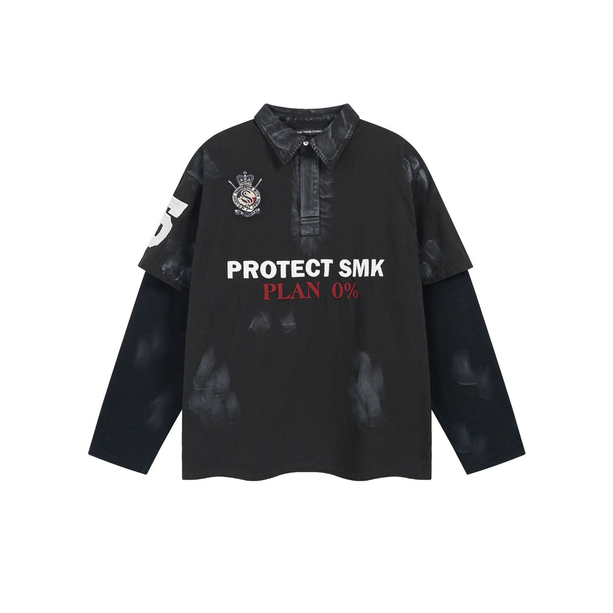 Polo de rugby oversize con lavado ácido – Mangas de falsa capa y bordado de gran tamaño