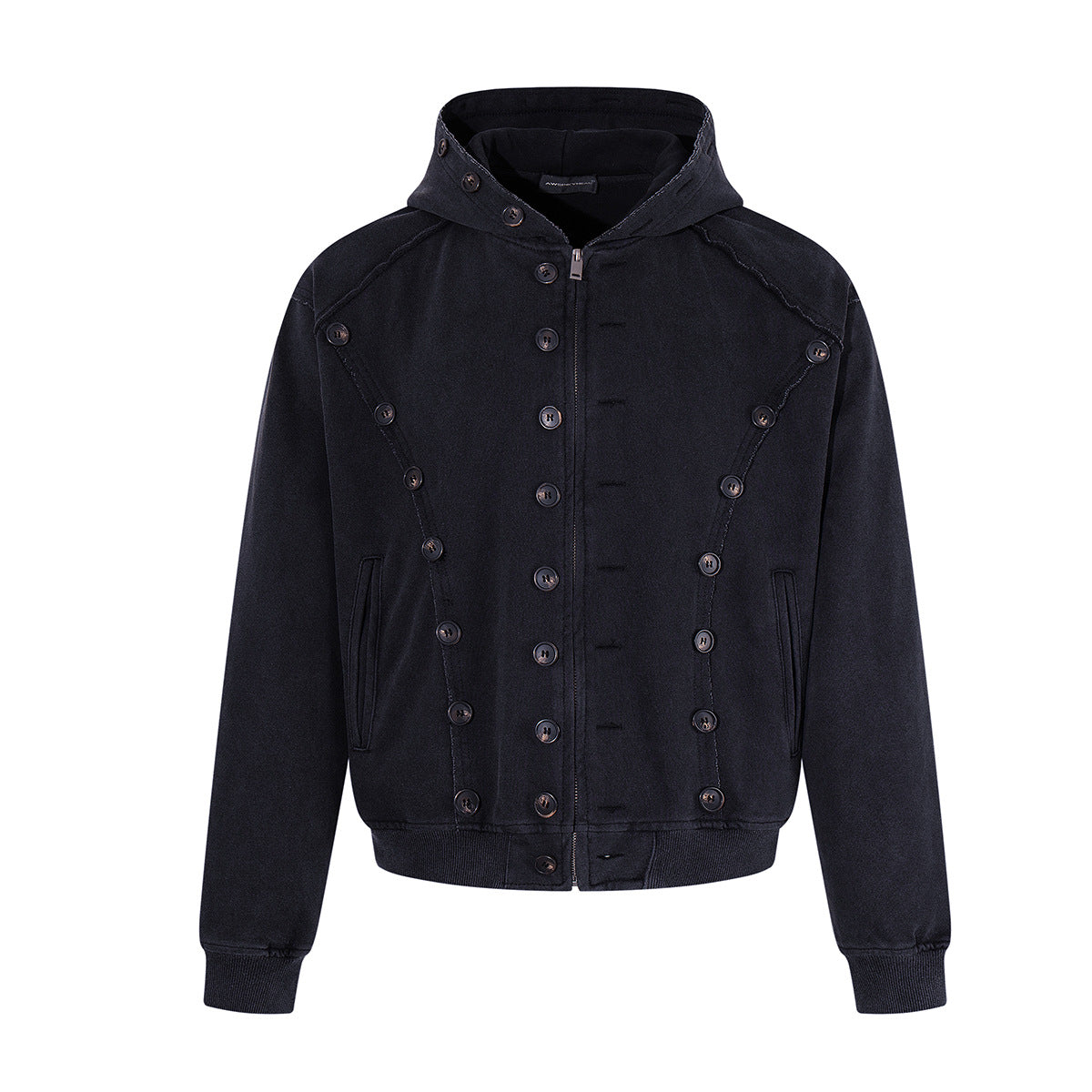 Schwere Kapuzenjacke aus verwaschenem schwarzem Stoff mit Reißverschluss, Frontblende mit mehreren Knöpfen und Oversized-Kapuze, Vorder- und Rückansicht