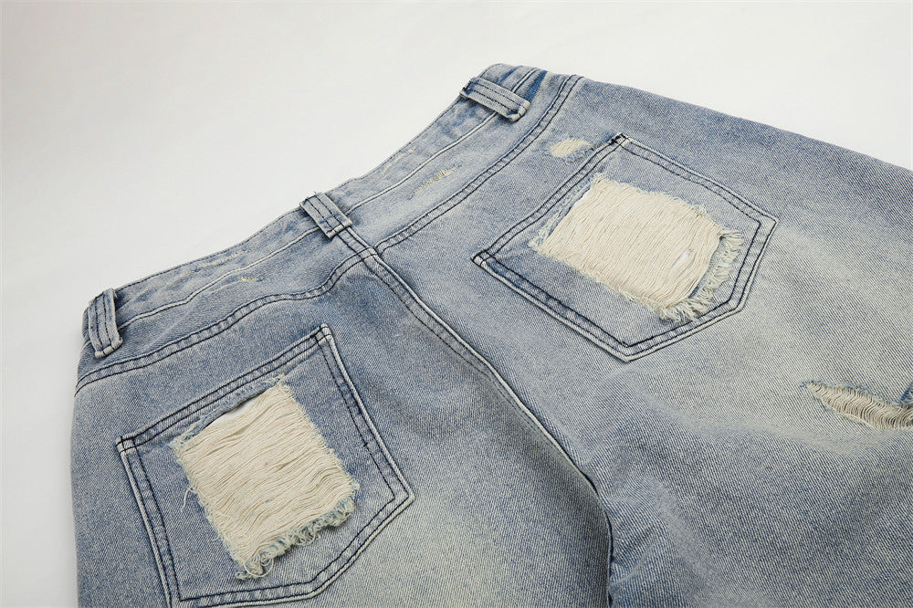 Baggy Jean Shorts Men – Distressed Ripped Denim, Washed Light Blue