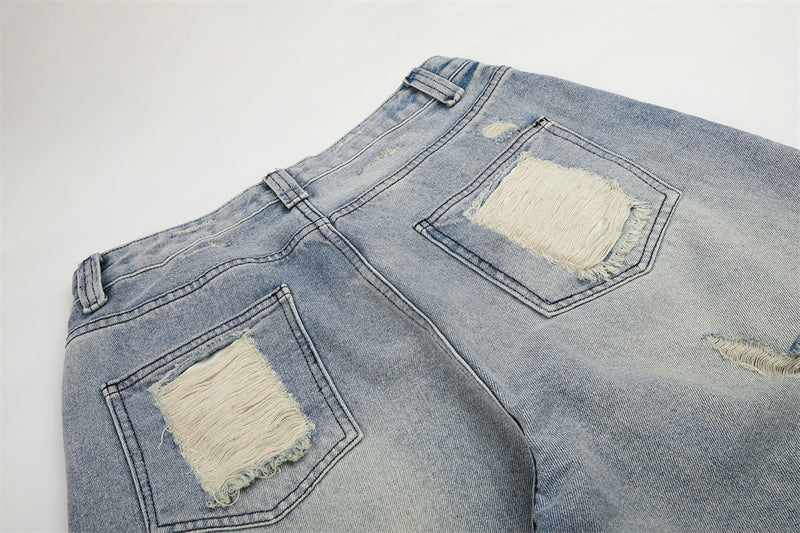 Baggy Jean Shorts Men – Distressed Ripped Denim, Washed Light Blue