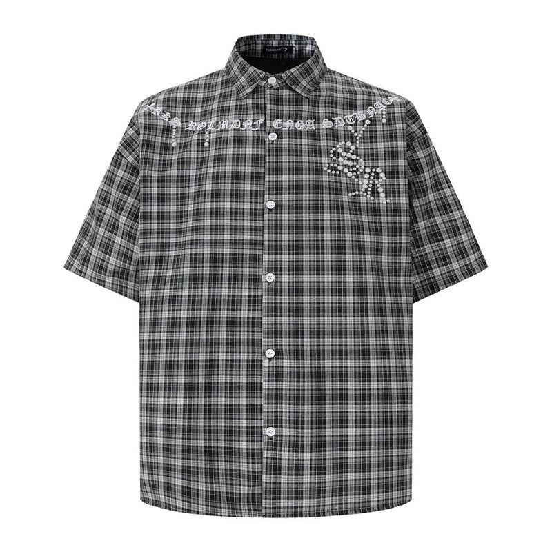 Oversized Plaid Short-Sleeve Shirt with Pearl Star Embroidery