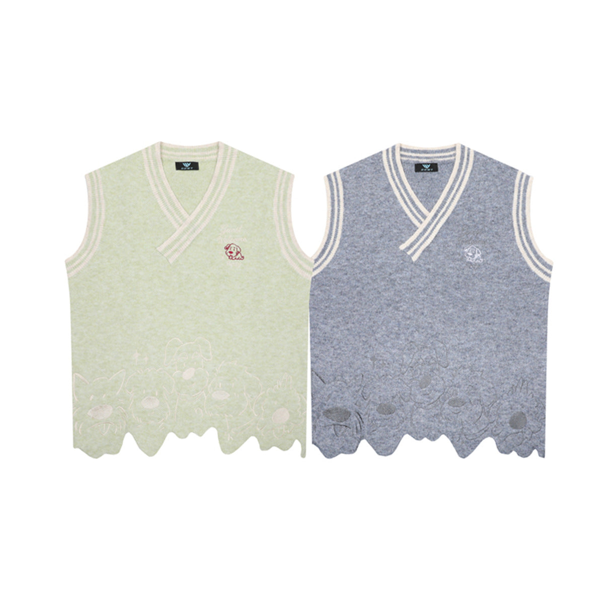 V-Neck Knit Sweater Vest with Irregular Hem & Puppy Embroidery