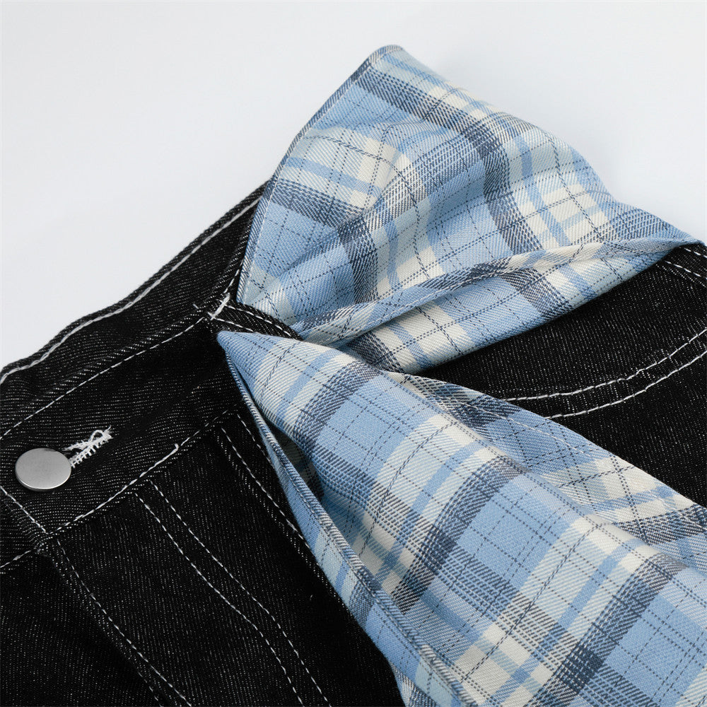 Wide Leg Black Jeans with Detachable Plaid Sash Belt