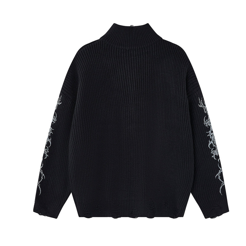 Pull zippé en maille à motif gothique – Col montant punk sombre Abyss Whisper