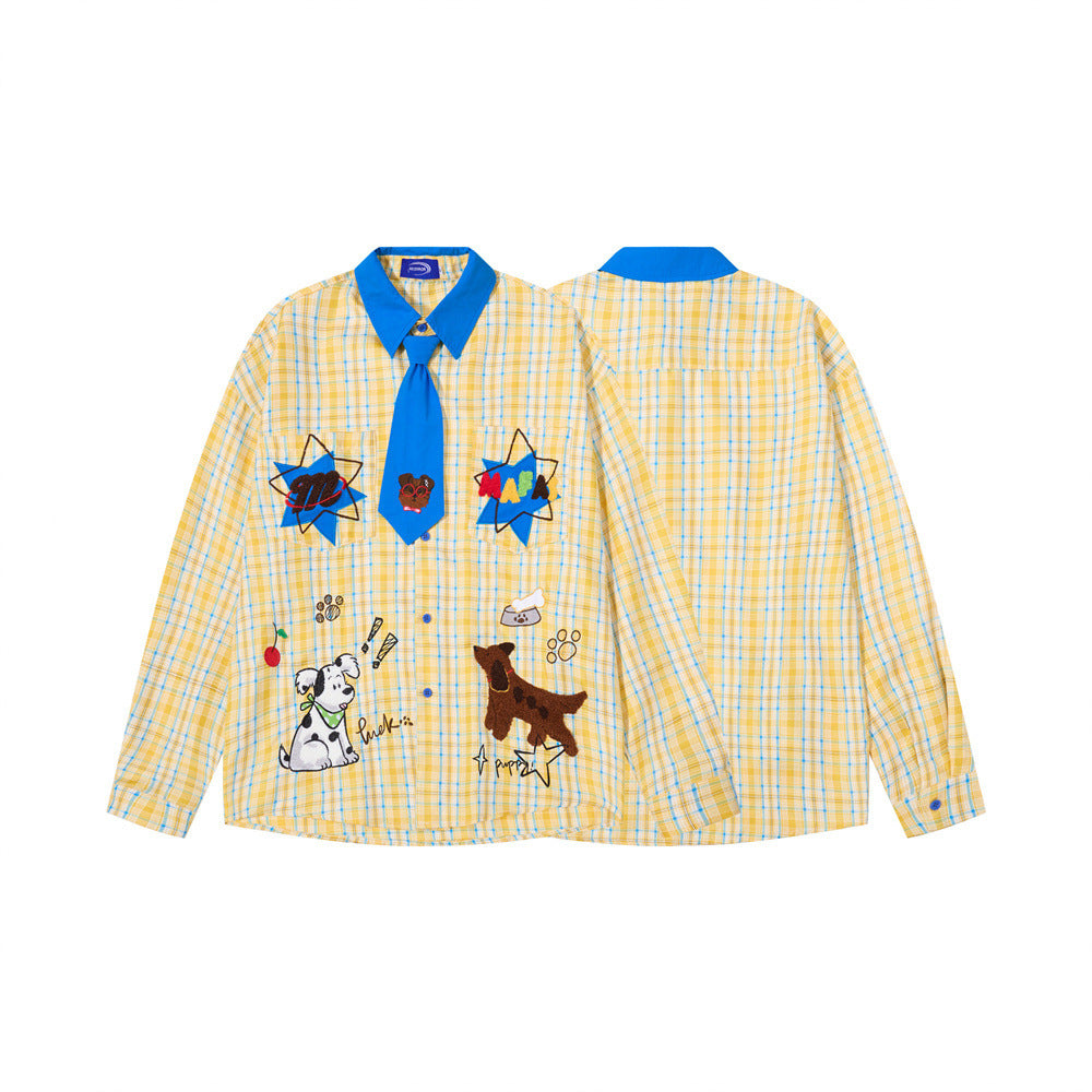 Yellow plaid long sleeve shirt with blue collar and tie, front and back views