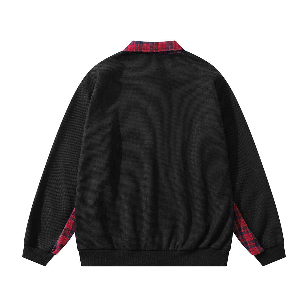 Polo Collar Sweatshirt with Plaid Patchwork & Clints Varsity Graphic