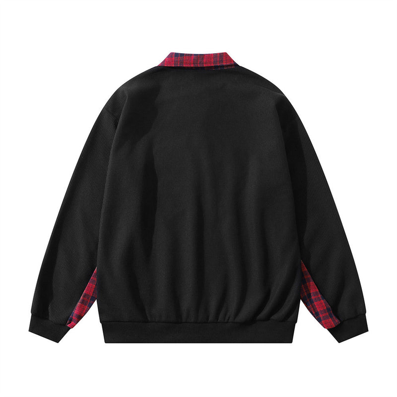 Polo Collar Sweatshirt with Plaid Patchwork & Clints Varsity Graphic