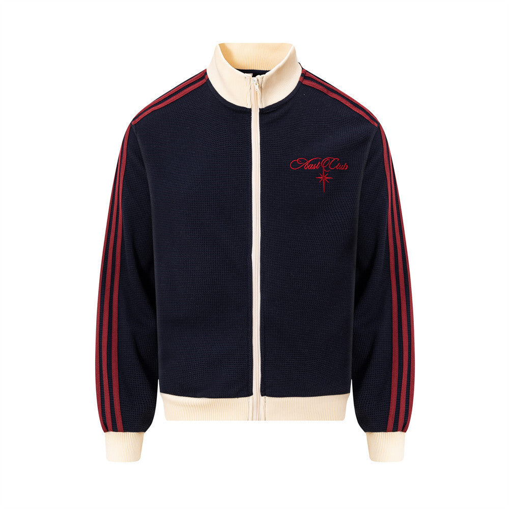 Veste de survêtement homme en maille gaufrée, manches à rayures et logo brodé