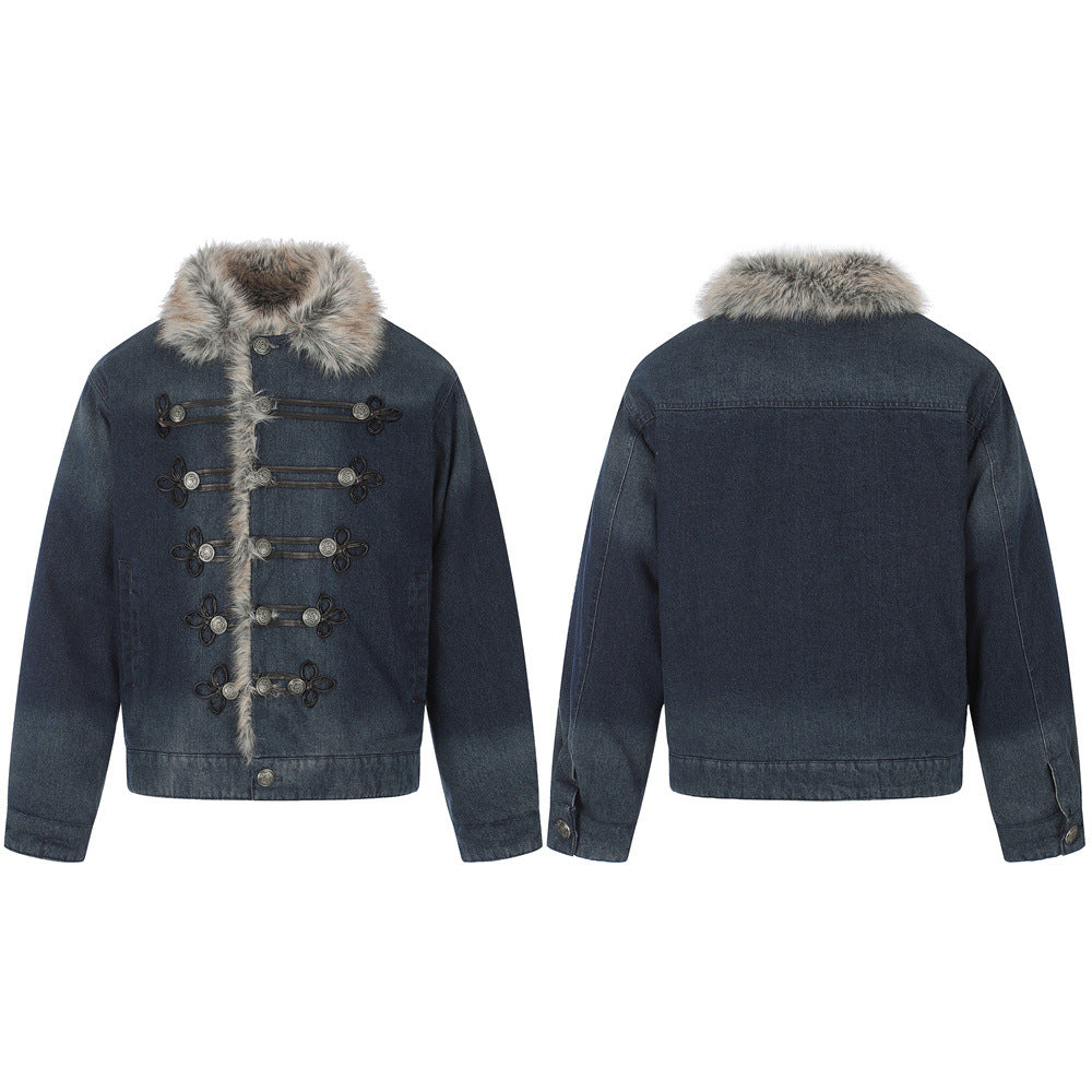 Men's Denim Jacket with Faux Fur Collar & Military Frog Button Closure