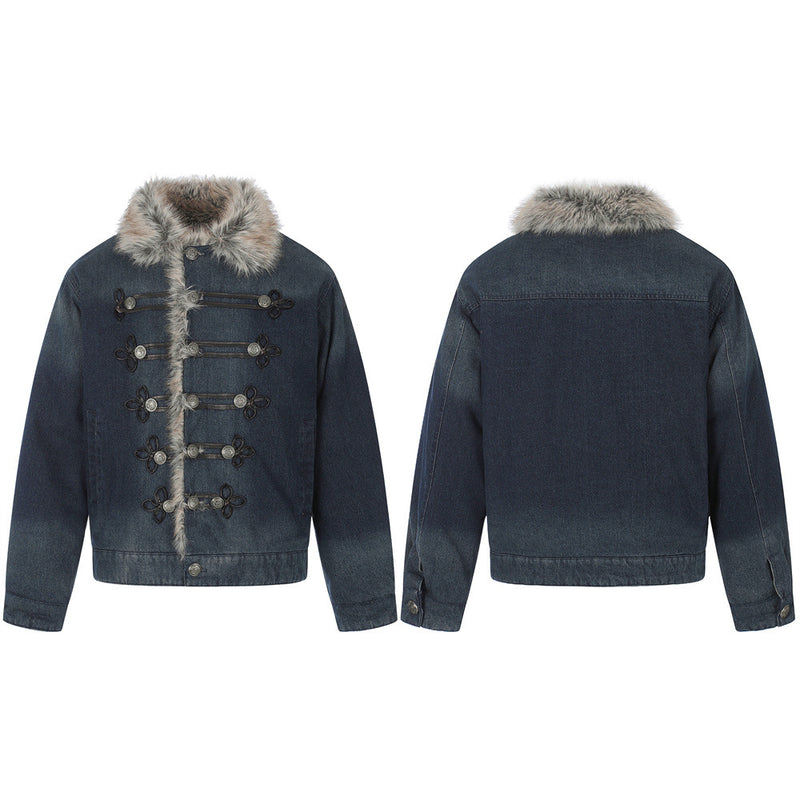 Men's Denim Jacket with Faux Fur Collar & Military Frog Button Closure