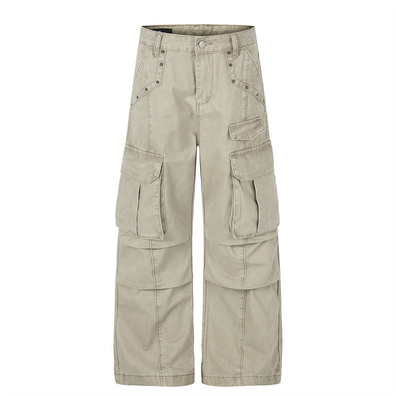 Pantalon cargo homme kaki à jambes larges, multi-poches, délavé vintage – Pantalon workwear