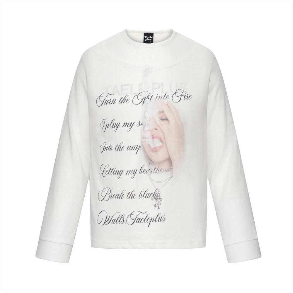 T-shirt blanc oversize à manches longues pour homme, avec portrait hip-hop et imprimé graphique à lettrage cursif sur le devant