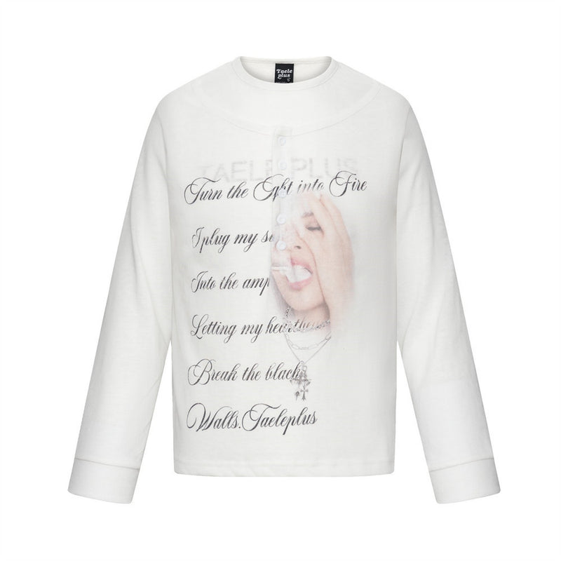 T-shirt blanc oversize à manches longues pour homme, avec portrait hip-hop et imprimé graphique à lettrage cursif sur le devant