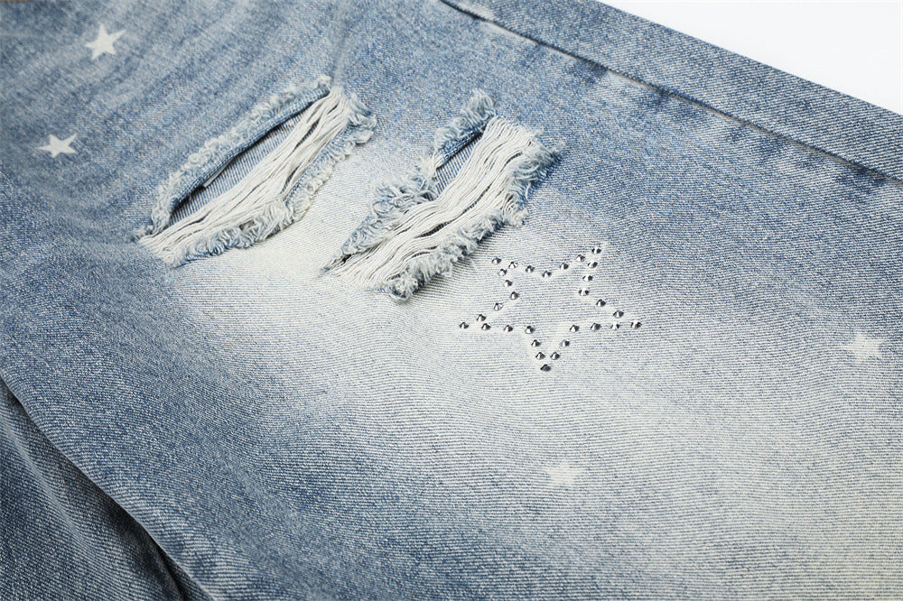 Star Embroidered Distressed Wide-Leg Jeans – Washed Baggy Denim with Ripped Knee
