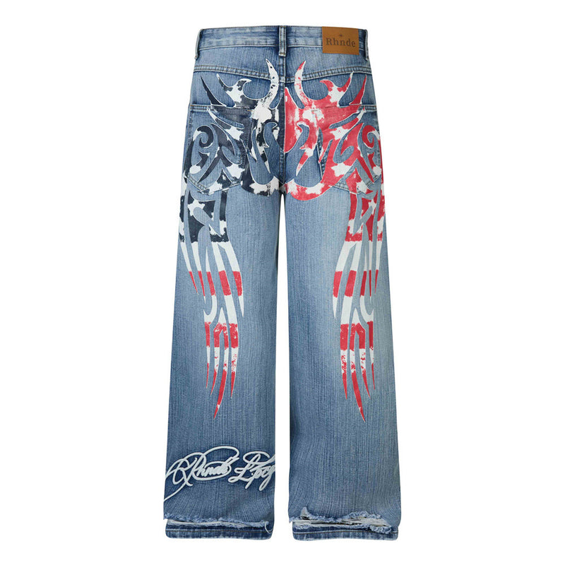 Wide-Leg Jeans Men's Washed Denim with Tribal Wing Graphic Print