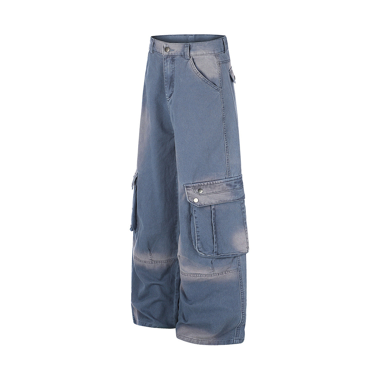 Wide-Leg Cargo Jeans – Washed Denim, Straight-Fit with Multi-Pocket Detail