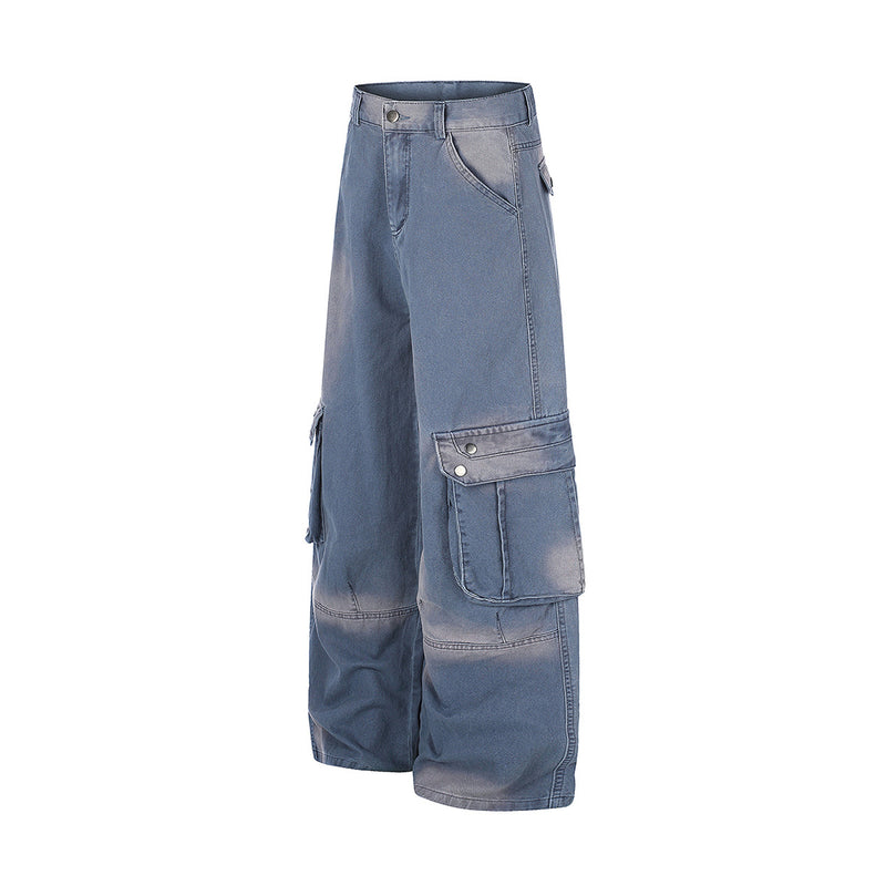 Wide-Leg Cargo Jeans – Washed Denim, Straight-Fit with Multi-Pocket Detail