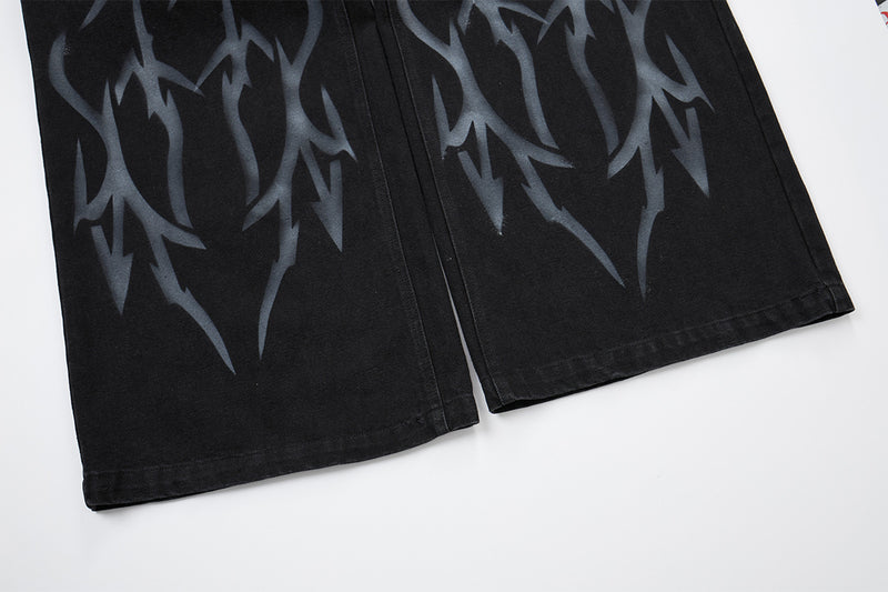 Black Low Rise Baggy Jeans with Tribal Spray-Paint Graphic Wide Leg
