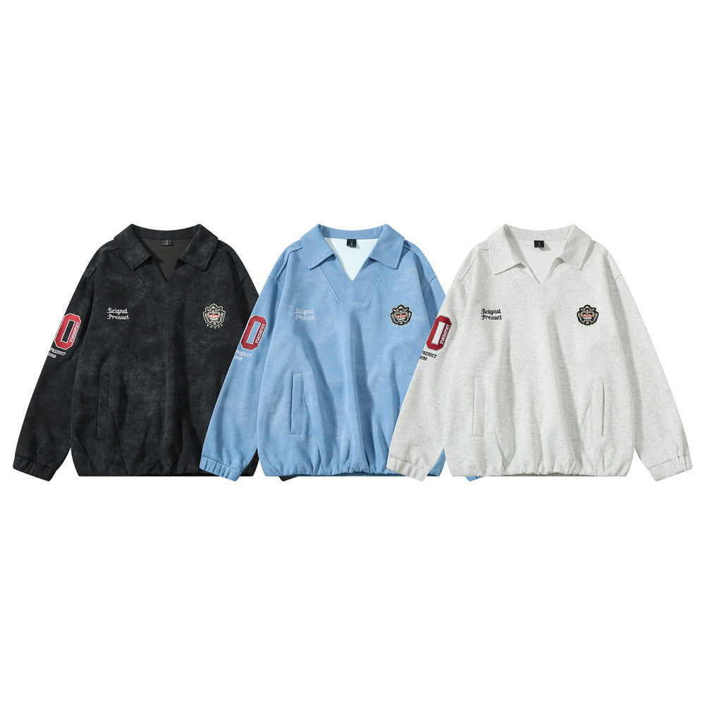 Jersey de cuello en V para hombre, oversized, con bordado universitario