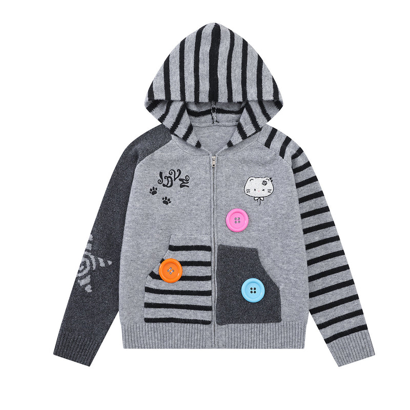 Cartoon Cat Knit Zip-Up Hoodie – Striped Colorblock Cardigan Sweater