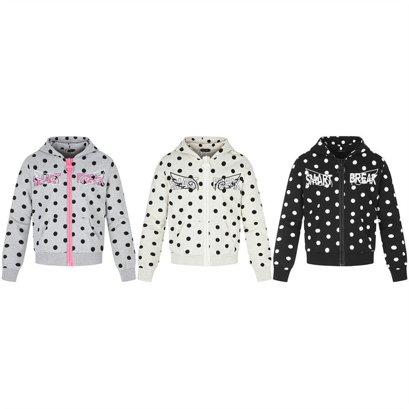 Polka Dot Zip-Up Hoodie with Embroidered Graphic – Cropped Streetwear Sweatshirt