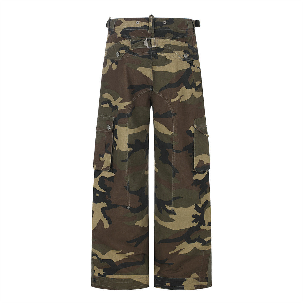 Camo Cargo Pants Wide-Leg Multi-Pocket Zip-Hem Trousers