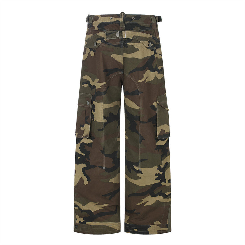 Camo Cargo Pants Wide-Leg Multi-Pocket Zip-Hem Trousers