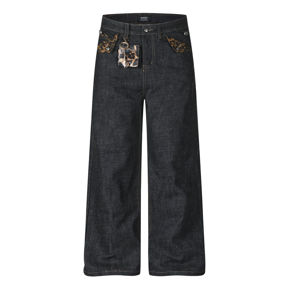 Baggy Black Jeans Men's Wide-Leg Denim with Leopard Print Pockets & Charm Detail