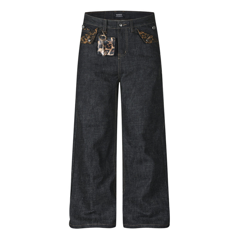 Baggy Black Jeans Men's Wide-Leg Denim with Leopard Print Pockets & Charm Detail
