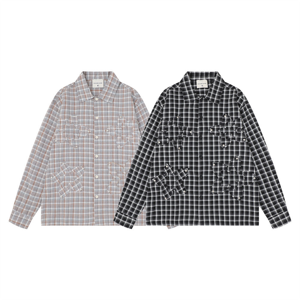 Plaid Long Sleeve Shirt – Oversized Fit with Raw-Edge Appliqué Detail