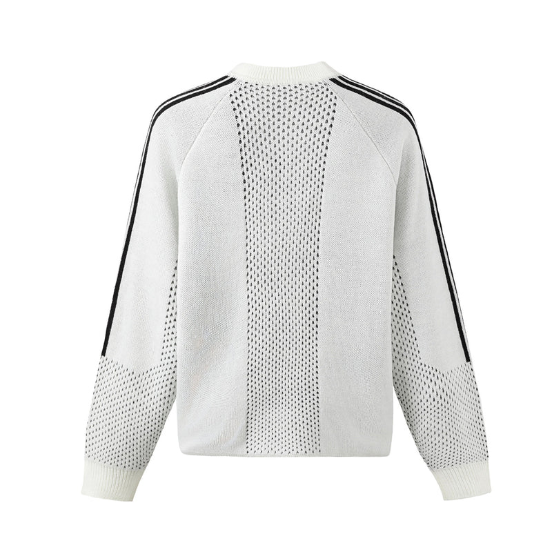 Retro Varsity Stripe Knit Sweater — Open-Knit Henley with Raglan Sleeves