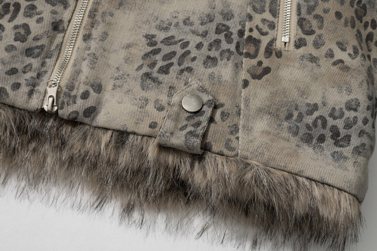 Men's Leopard Print Padded Jacket with Faux Fur Collar & Trim