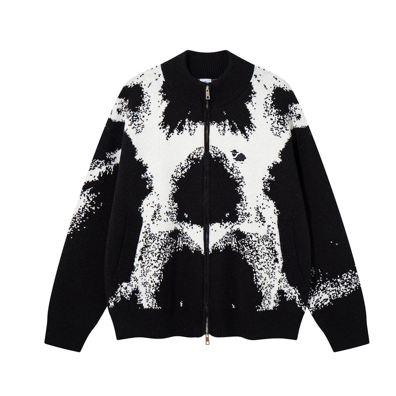Abstract Bear Jacquard Knit Zip-Up Cardigan Sweater – Oversized High-Street
