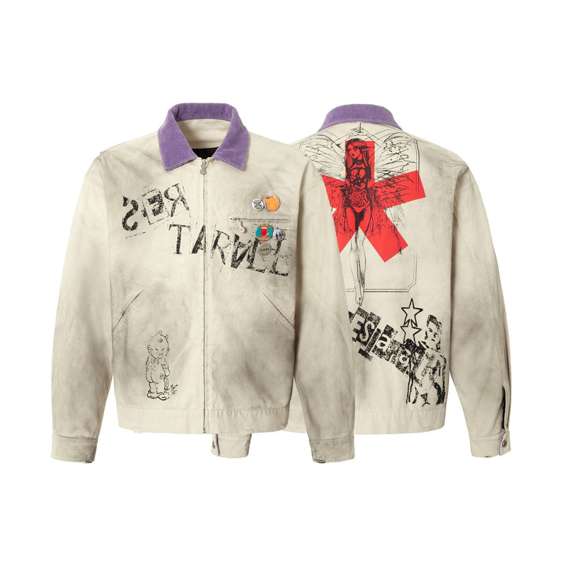 Veste zippée à imprimé graphique – Coton délavé effet usé, col violet et badge