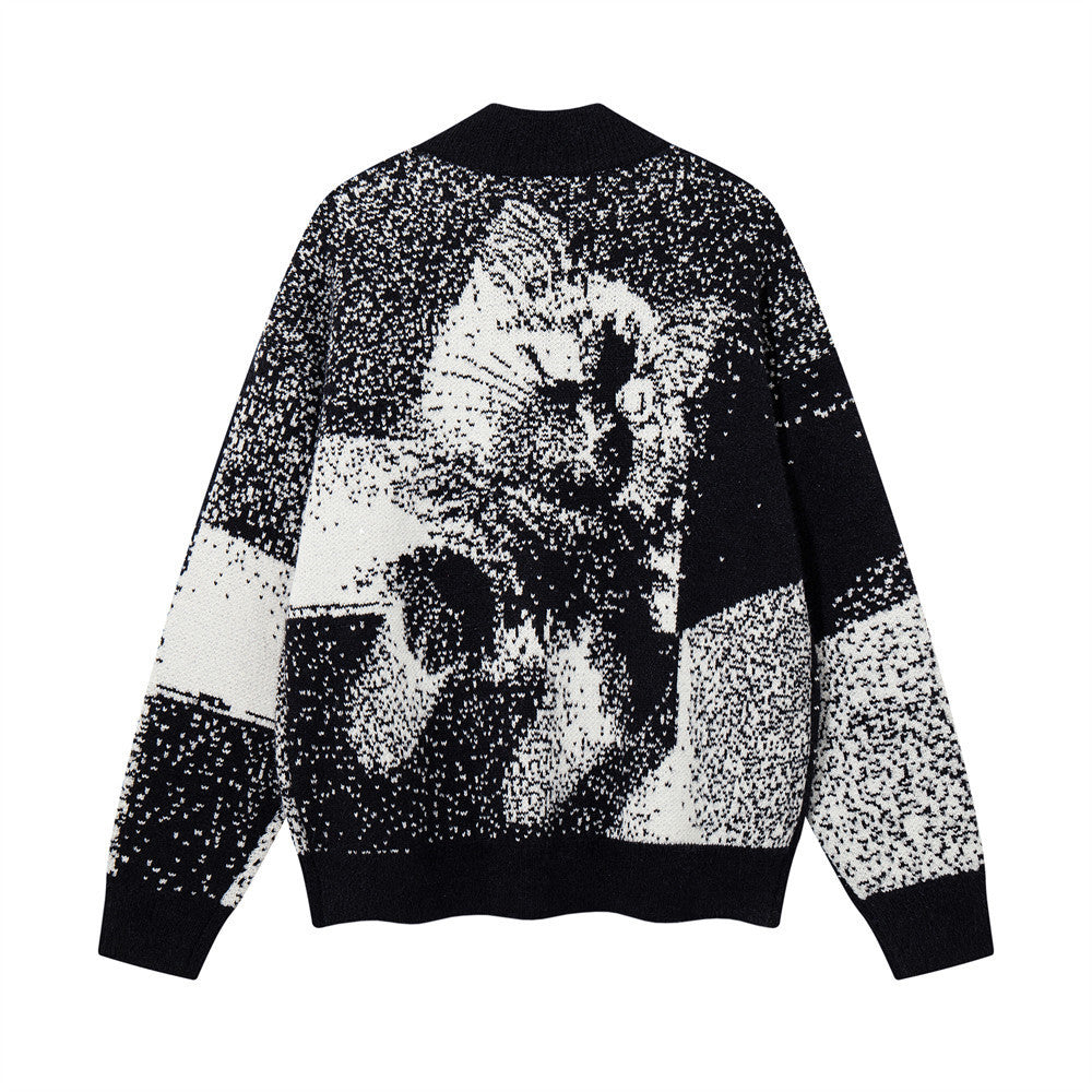 Katzen-Jacquard-Strick-Cardigan mit Reißverschluss – Oversized-Stehkragen