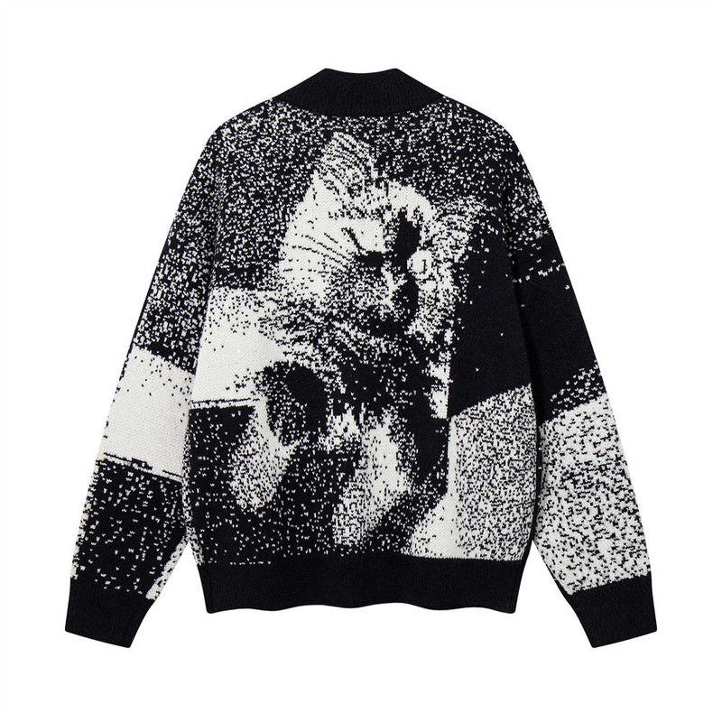 Katzen-Jacquard-Strick-Cardigan mit Reißverschluss – Oversized-Stehkragen