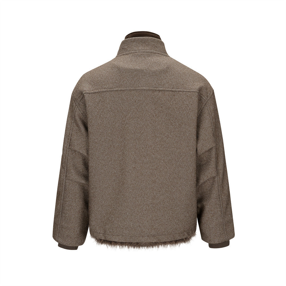 Retro-Tweedjacke mit Stehkragen, Kunstpelzbesatz und gestepptem Futter