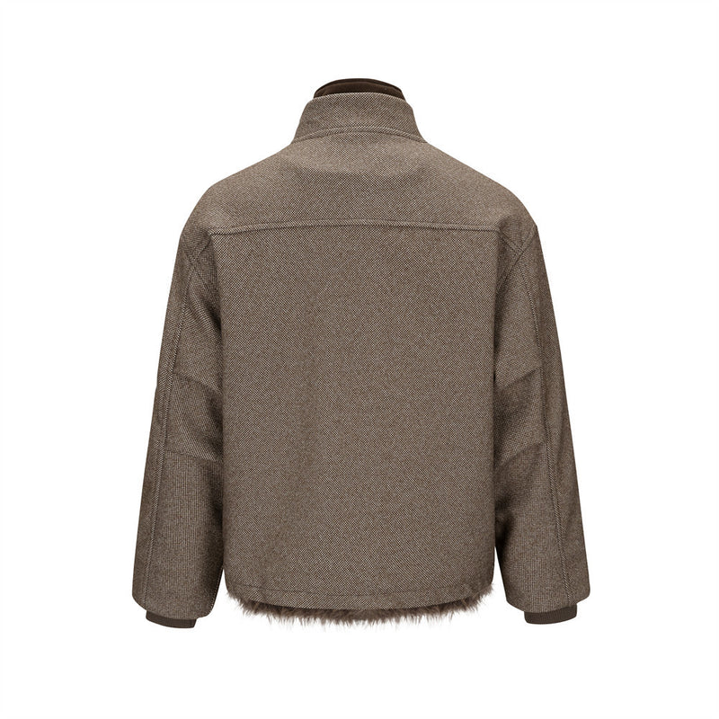 Retro-Tweedjacke mit Stehkragen, Kunstpelzbesatz und gestepptem Futter