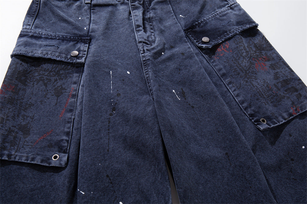Paint Splatter Cargo Denim Shorts – Wide-Leg Washed Streetwear