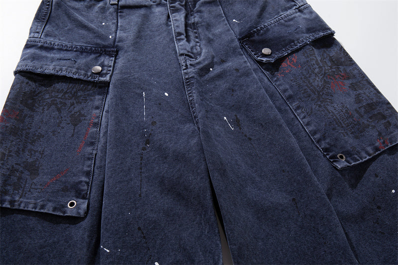 Paint Splatter Cargo Denim Shorts – Wide-Leg Washed Streetwear