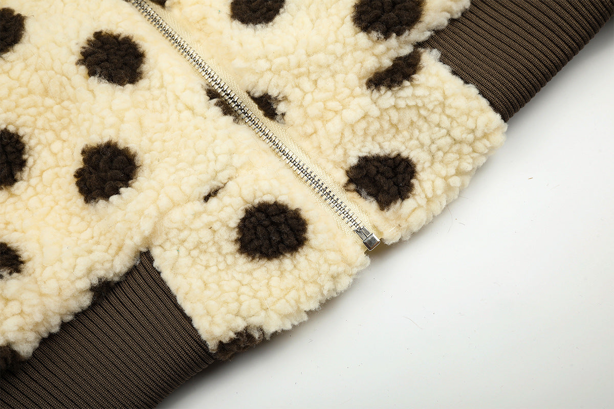 Polka Dot Sherpa Bomber Jacket with Faux Fur Hood Trim