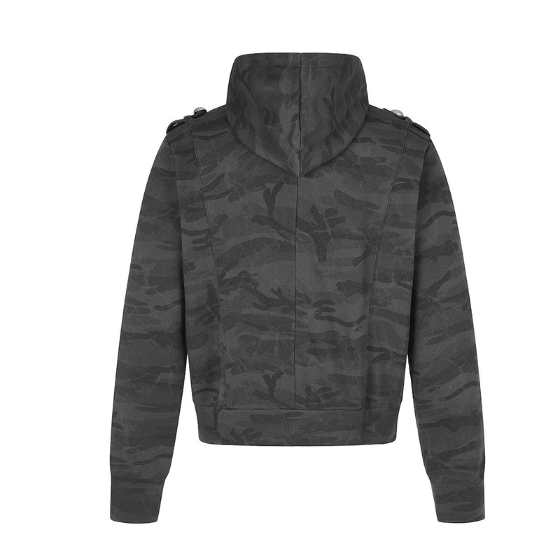 Sudadera con capucha y cremallera de camuflaje, oversize de estilo militar con botones plateados