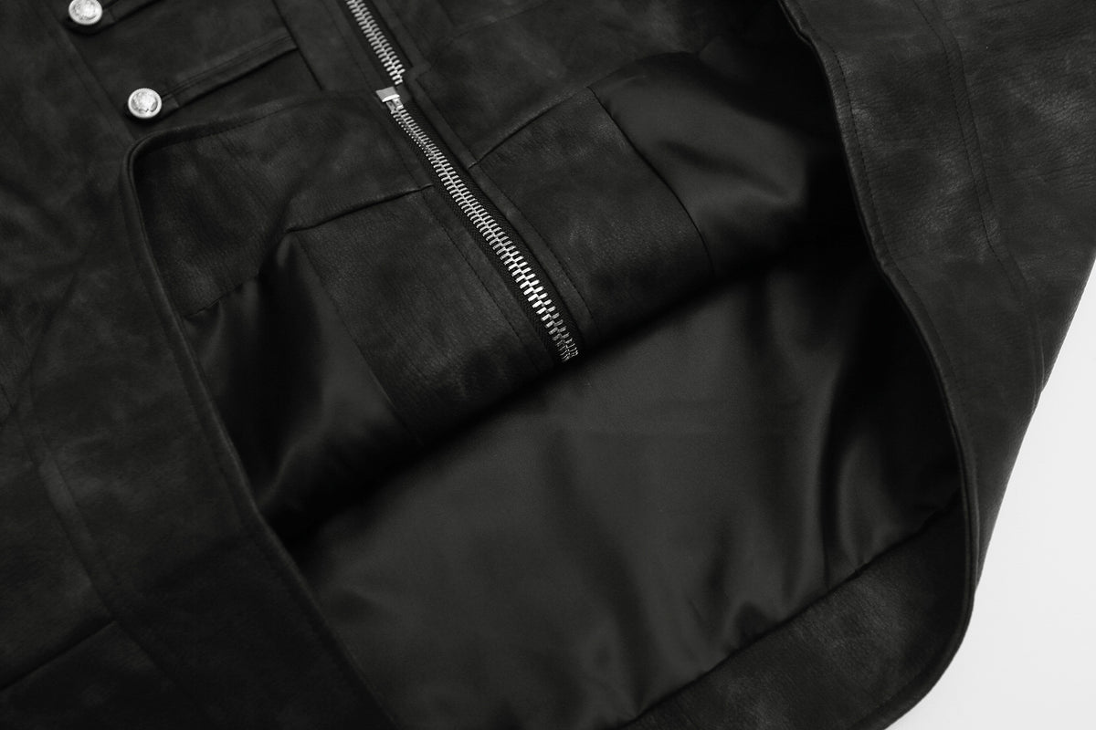 Military-Style Faux Leather Jacket – Punk Band Collar with Decorative Buttons
