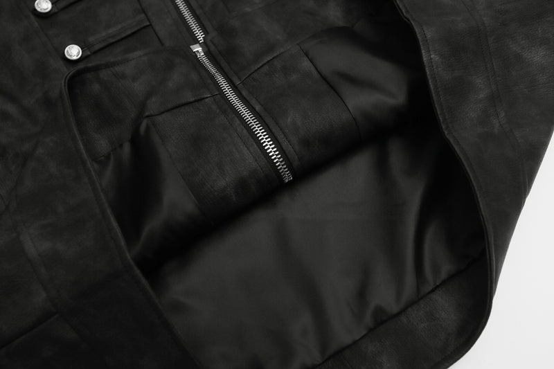 Military-Style Faux Leather Jacket – Punk Band Collar with Decorative Buttons