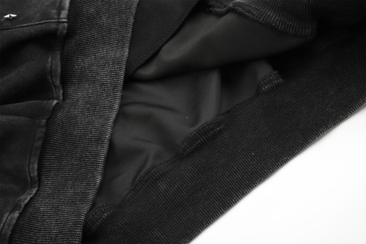 Zip-Up Grey Hoodie Washed Punk Star Graphic Zip Hoodie with Rivet Details