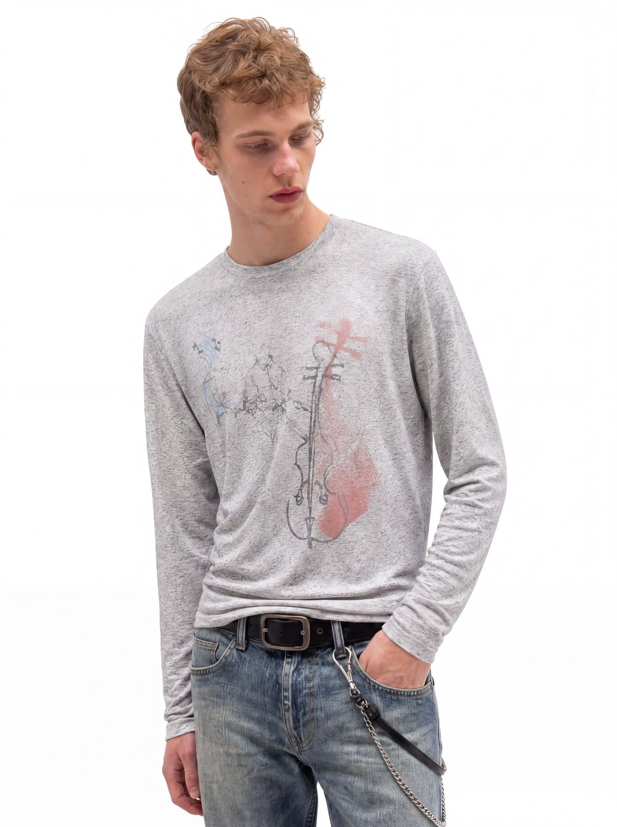 Men's long sleeve heather grey crew neck shirt with cello musician sketch graphic print in blue and dusty rose watercolor acc