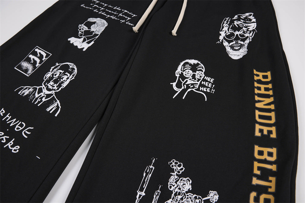 Abstract Portrait Graphic Wide-Leg Sweatpants – Men's Loose Fit Hip-Hop Street